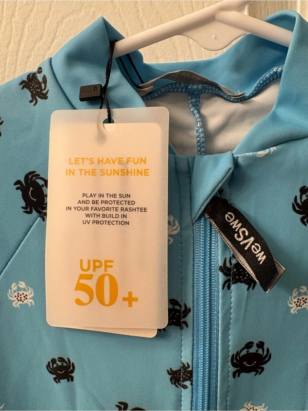 weVSwe Blue UPF 50+ Kids One-Piece Rashguard with Crab Print